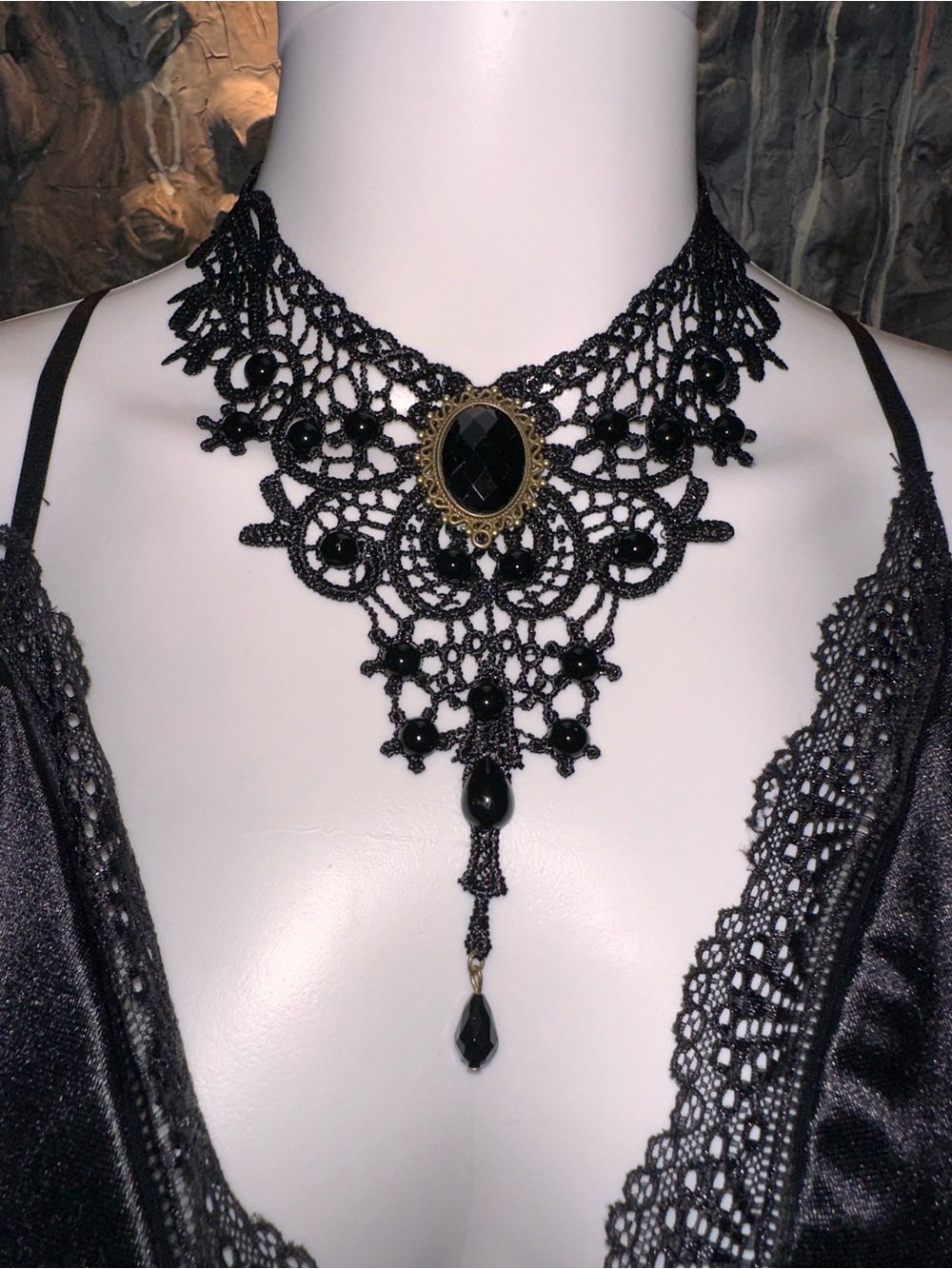 ⭐️ Style #3 Black Lace Gothic Choker with Antique Style Gold Accents New